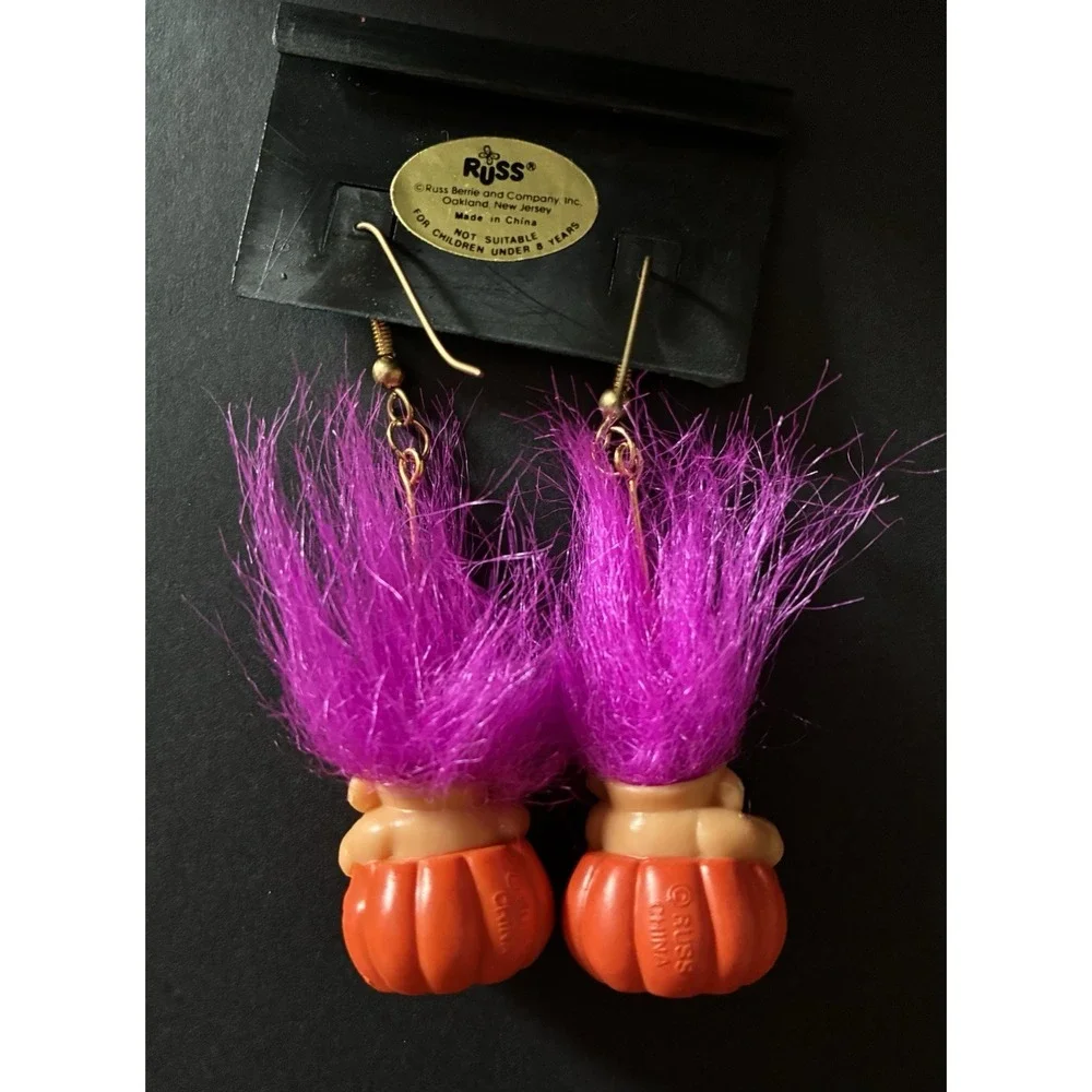 VTG Halloween Troll Doll Earrings RUSS Pumpkin Jack O Lantern Pierced Dangle y2k
